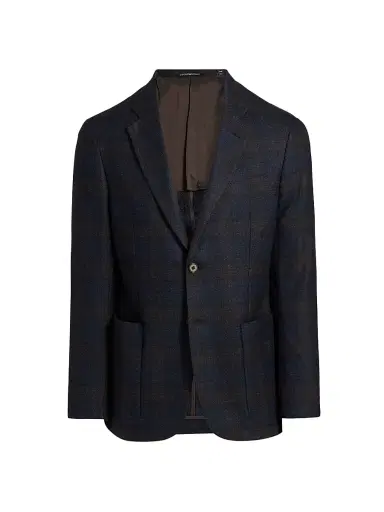 Emporio Armani Men's Patch Pocket Plaid Wool Sport Coat - Navy - Size 42 | Thumbnail 1 Emporio Armani Men's Patch Pocket Plaid Wool Sport Coat - Navy - Size 42 | Thumbnail 1