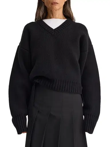 RÓHE Women's Compact-Knit Wool V-Neck Sweater - Black - Size 10 | Thumbnail 3 RÓHE Women's Compact-Knit Wool V-Neck Sweater - Black - Size 10 | Thumbnail 3