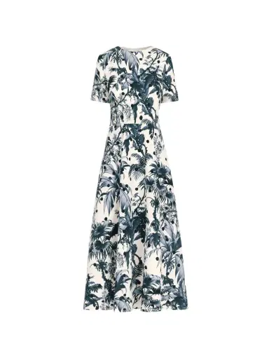 Oscar de la Renta Dotted Palm Leaves Cotton Poplin Short-Sleeve Dress | Thumbnail 1 Oscar de la Renta Dotted Palm Leaves Cotton Poplin Short-Sleeve Dress | Thumbnail 1