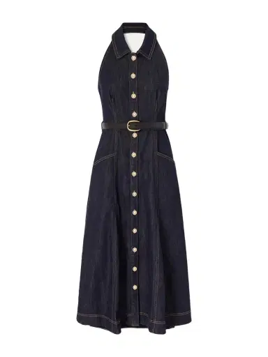 Self-Portrait Belted Halterneck Denim Midi Dress | Thumbnail 1 Self-Portrait Belted Halterneck Denim Midi Dress | Thumbnail 1