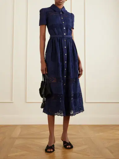 Self-Portrait Belted Embroidered Lace-trimmed Ramie Midi Dress | Thumbnail 2 Self-Portrait Belted Embroidered Lace-trimmed Ramie Midi Dress | Thumbnail 2