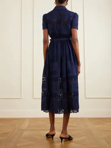 Self-Portrait Belted Embroidered Lace-trimmed Ramie Midi Dress | Thumbnail 3 Self-Portrait Belted Embroidered Lace-trimmed Ramie Midi Dress | Thumbnail 3
