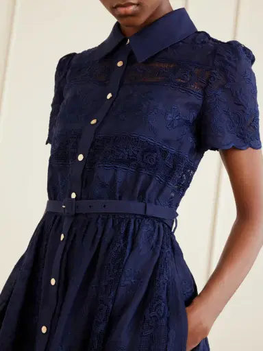 Self-Portrait Belted Embroidered Lace-trimmed Ramie Midi Dress | Thumbnail 4 Self-Portrait Belted Embroidered Lace-trimmed Ramie Midi Dress | Thumbnail 4