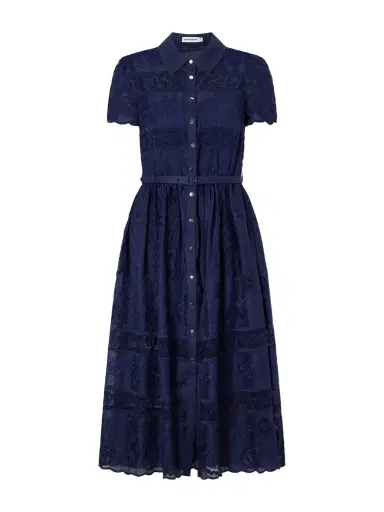 Self-Portrait Belted Embroidered Lace-trimmed Ramie Midi Dress | Thumbnail 1 Self-Portrait Belted Embroidered Lace-trimmed Ramie Midi Dress | Thumbnail 1