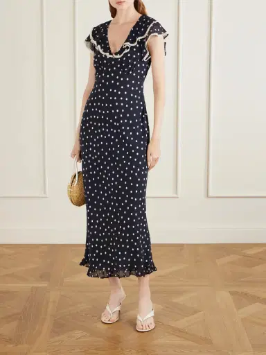 Rixo Bethea Crochet-trimmed Polka-dot Crepe Midi Dress | Thumbnail 2 Rixo Bethea Crochet-trimmed Polka-dot Crepe Midi Dress | Thumbnail 2