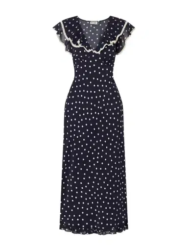 Rixo Bethea Crochet-trimmed Polka-dot Crepe Midi Dress | Thumbnail 1 Rixo Bethea Crochet-trimmed Polka-dot Crepe Midi Dress | Thumbnail 1