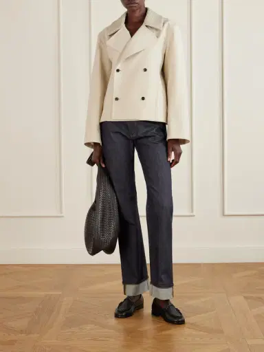 Bottega Veneta Double-breasted Intrecciato Leather-trimmed Striped Wool And Cotton-blend Jacket | Thumbnail 2 Bottega Veneta Double-breasted Intrecciato Leather-trimmed Striped Wool And Cotton-blend Jacket | Thumbnail 2