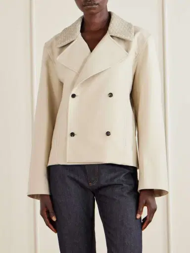 Bottega Veneta Double-breasted Intrecciato Leather-trimmed Striped Wool And Cotton-blend Jacket | Thumbnail 3 Bottega Veneta Double-breasted Intrecciato Leather-trimmed Striped Wool And Cotton-blend Jacket | Thumbnail 3
