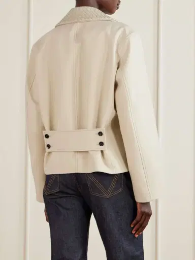 Bottega Veneta Double-breasted Intrecciato Leather-trimmed Striped Wool And Cotton-blend Jacket | Thumbnail 4 Bottega Veneta Double-breasted Intrecciato Leather-trimmed Striped Wool And Cotton-blend Jacket | Thumbnail 4