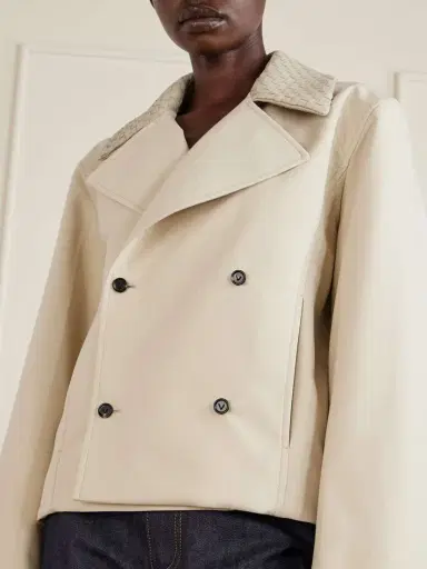 Bottega Veneta Double-breasted Intrecciato Leather-trimmed Striped Wool And Cotton-blend Jacket | Thumbnail 5 Bottega Veneta Double-breasted Intrecciato Leather-trimmed Striped Wool And Cotton-blend Jacket | Thumbnail 5