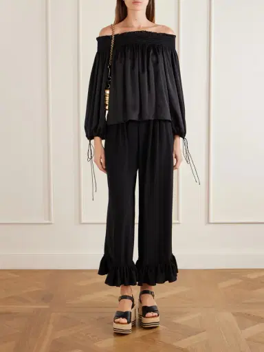 Chloé Off-the-shoulder Gathered Silk-satin Blouse | Thumbnail 2 Chloé Off-the-shoulder Gathered Silk-satin Blouse | Thumbnail 2