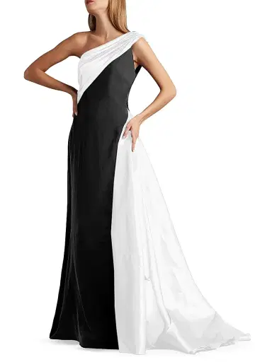 Tadashi Shoji Women's One-Shoulder Crepe Taffeta Gown - Black White | Thumbnail 3 Tadashi Shoji Women's One-Shoulder Crepe Taffeta Gown - Black White | Thumbnail 3