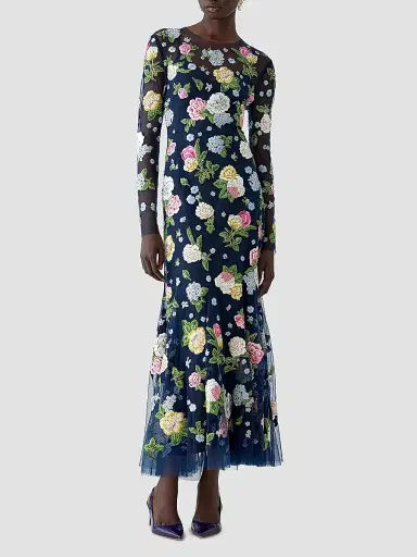 Carolina Herrera Women's Cabana Sheer Floral Embrodiered Midi-Dress - Midnight - Size 12 | Thumbnail 2 Carolina Herrera Women's Cabana Sheer Floral Embrodiered Midi-Dress - Midnight - Size 12 | Thumbnail 2