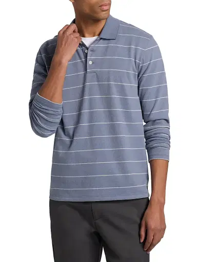 Vince Men's Striped Long-Sleeve Polo Shirt - Hawk Blue Smock | Thumbnail 3 Vince Men's Striped Long-Sleeve Polo Shirt - Hawk Blue Smock | Thumbnail 3