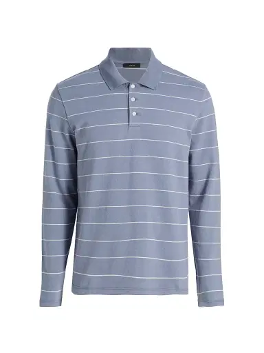 Vince Men's Striped Long-Sleeve Polo Shirt - Hawk Blue Smock | Thumbnail 1 Vince Men's Striped Long-Sleeve Polo Shirt - Hawk Blue Smock | Thumbnail 1