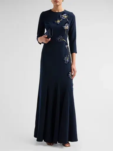 Teri Jon by Rickie Freeman Women's Embellished Godet Crepe Gown - Navy Multi - Size 8 | Thumbnail 2 Teri Jon by Rickie Freeman Women's Embellished Godet Crepe Gown - Navy Multi - Size 8 | Thumbnail 2