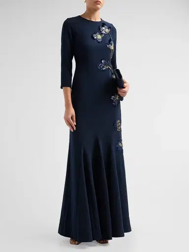 Teri Jon by Rickie Freeman Women's Embellished Godet Crepe Gown - Navy Multi - Size 8 | Thumbnail 4 Teri Jon by Rickie Freeman Women's Embellished Godet Crepe Gown - Navy Multi - Size 8 | Thumbnail 4