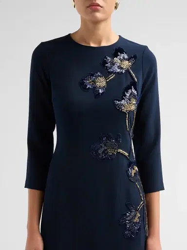 Teri Jon by Rickie Freeman Women's Embellished Godet Crepe Gown - Navy Multi - Size 8 | Thumbnail 5 Teri Jon by Rickie Freeman Women's Embellished Godet Crepe Gown - Navy Multi - Size 8 | Thumbnail 5