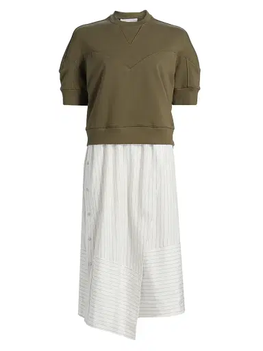 3.1 Phillip Lim Women's French Terry & Striped Poplin Mixed-Media Midi-Dress - Burnt Olive - Size Large | Thumbnail 1 3.1 Phillip Lim Women's French Terry & Striped Poplin Mixed-Media Midi-Dress - Burnt Olive - Size Large | Thumbnail 1