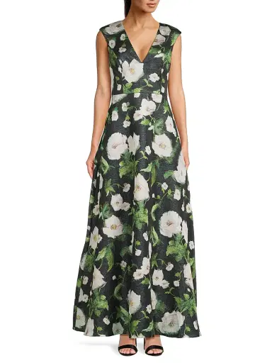 Aidan Mattox Women's Floral Satin Jacquard A-Line Gown - Black Multi | Thumbnail 2 Aidan Mattox Women's Floral Satin Jacquard A-Line Gown - Black Multi | Thumbnail 2