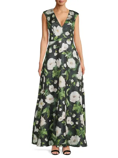 Aidan Mattox Women's Floral Satin Jacquard A-Line Gown - Black Multi | Thumbnail 3 Aidan Mattox Women's Floral Satin Jacquard A-Line Gown - Black Multi | Thumbnail 3