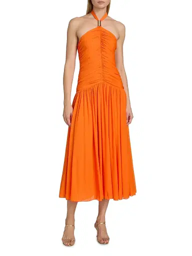 Ronny Kobo Women's Wrenley Ruched Halter Midi-Dress - Clementine | Thumbnail 3 Ronny Kobo Women's Wrenley Ruched Halter Midi-Dress - Clementine | Thumbnail 3