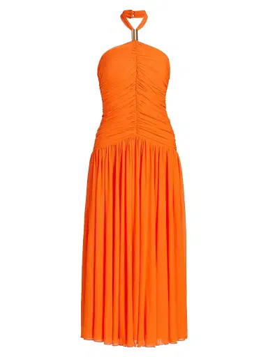 Ronny Kobo Women's Wrenley Ruched Halter Midi-Dress - Clementine | Thumbnail 1 Ronny Kobo Women's Wrenley Ruched Halter Midi-Dress - Clementine | Thumbnail 1