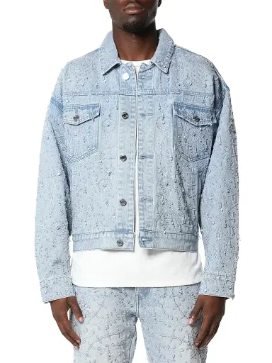 Purple Brand Men's Beaded Denim Trucker Jacket - Super Light Indigo - Size XXL | Thumbnail 1 Purple Brand Men's Beaded Denim Trucker Jacket - Super Light Indigo - Size XXL | Thumbnail 1