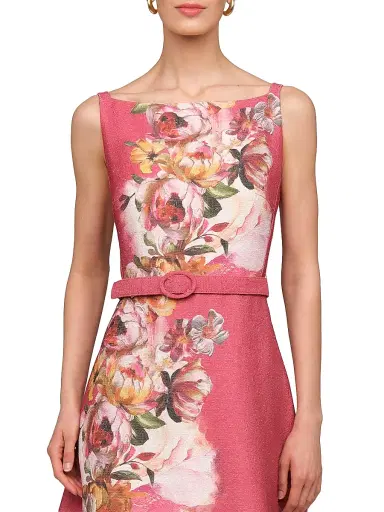 Kay Unger Women's Slyvie Floral Satin Belted Tea-Length Dress | Thumbnail 6 Kay Unger Women's Slyvie Floral Satin Belted Tea-Length Dress | Thumbnail 6