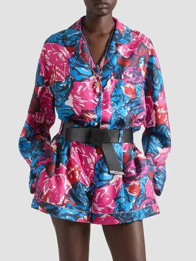 Givenchy Women's Pyjama Shirt in Silk with Floral Print - Royal Blue | Thumbnail 3 Givenchy Women's Pyjama Shirt in Silk with Floral Print - Royal Blue | Thumbnail 3