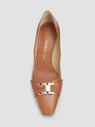 FERRAGAMO Women's Tillya Gancini Toe 70MM Leather Bock Heel Pumps - Naturale | Thumbnail 4 FERRAGAMO Women's Tillya Gancini Toe 70MM Leather Bock Heel Pumps - Naturale | Thumbnail 4