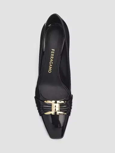 FERRAGAMO Women's Tillya Gancini Toe 70MM Patent Leather Block Heel Pump - Nero | Thumbnail 4 FERRAGAMO Women's Tillya Gancini Toe 70MM Patent Leather Block Heel Pump - Nero | Thumbnail 4