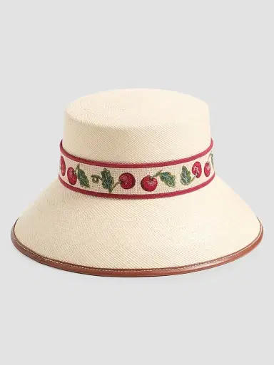 Valentino Garavani Women's Cherryfic Straw Bucket Hat with Leather Trim and Cherryfic Ribbon - Natural Saddle Brown - Size Medium | Thumbnail 3 Valentino Garavani Women's Cherryfic Straw Bucket Hat with Leather Trim and Cherryfic Ribbon - Natural Saddle Brown - Size Medium | Thumbnail 3