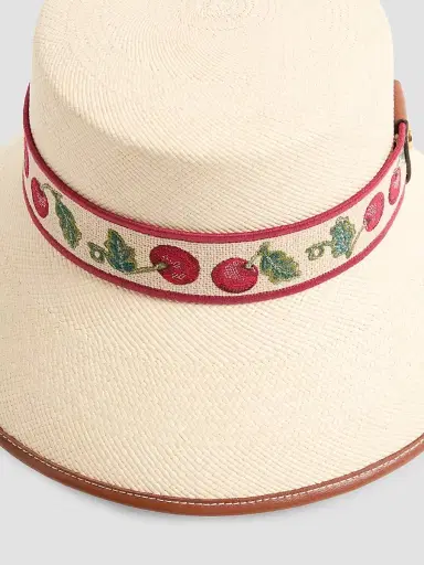 Valentino Garavani Women's Cherryfic Straw Bucket Hat with Leather Trim and Cherryfic Ribbon - Natural Saddle Brown - Size Medium | Thumbnail 4 Valentino Garavani Women's Cherryfic Straw Bucket Hat with Leather Trim and Cherryfic Ribbon - Natural Saddle Brown - Size Medium | Thumbnail 4