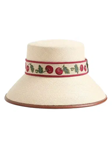 Valentino Garavani Women's Cherryfic Straw Bucket Hat with Leather Trim and Cherryfic Ribbon - Natural Saddle Brown - Size Medium | Thumbnail 1 Valentino Garavani Women's Cherryfic Straw Bucket Hat with Leather Trim and Cherryfic Ribbon - Natural Saddle Brown - Size Medium | Thumbnail 1