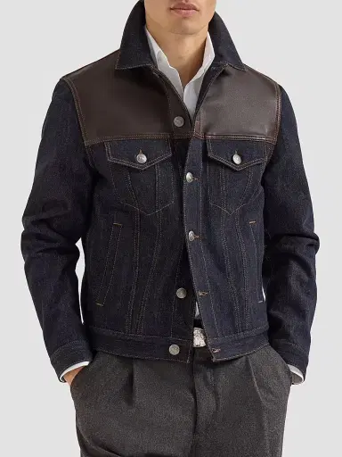 Brunello Cucinelli Men's Paneled No-Fade Denim Four-Pocket Jacket - Blue | Thumbnail 2 Brunello Cucinelli Men's Paneled No-Fade Denim Four-Pocket Jacket - Blue | Thumbnail 2