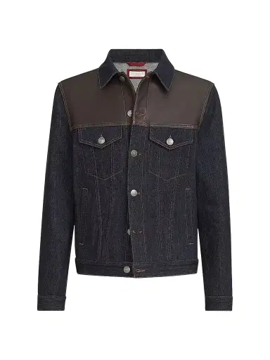 Brunello Cucinelli Men's Paneled No-Fade Denim Four-Pocket Jacket - Blue | Thumbnail 1 Brunello Cucinelli Men's Paneled No-Fade Denim Four-Pocket Jacket - Blue | Thumbnail 1