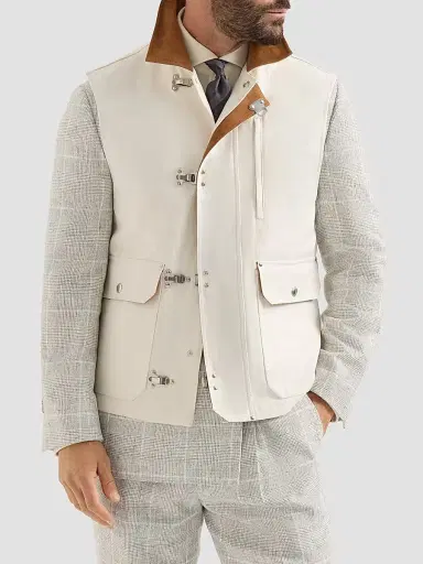 Brunello Cucinelli Men's Cotton and Linen Canvas Vest with Suede Inserts - White | Thumbnail 2 Brunello Cucinelli Men's Cotton and Linen Canvas Vest with Suede Inserts - White | Thumbnail 2