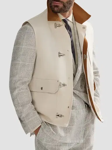 Brunello Cucinelli Men's Cotton and Linen Canvas Vest with Suede Inserts - White | Thumbnail 4 Brunello Cucinelli Men's Cotton and Linen Canvas Vest with Suede Inserts - White | Thumbnail 4
