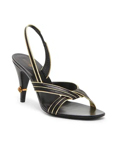 Versace Women's 90MM Metallic-Striped Leather Slingback Sandals - Black Gold | Thumbnail 2 Versace Women's 90MM Metallic-Striped Leather Slingback Sandals - Black Gold | Thumbnail 2