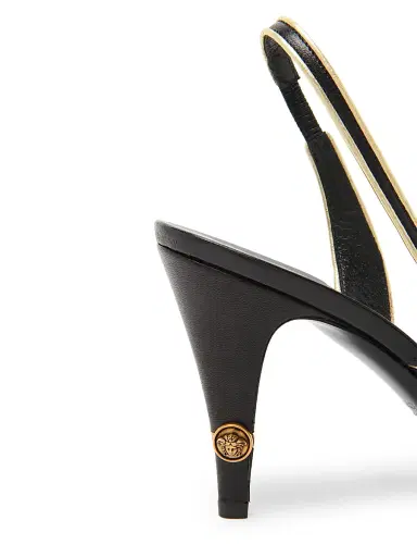 Versace Women's 90MM Metallic-Striped Leather Slingback Sandals - Black Gold | Thumbnail 5 Versace Women's 90MM Metallic-Striped Leather Slingback Sandals - Black Gold | Thumbnail 5