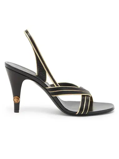 Versace Women's 90MM Metallic-Striped Leather Slingback Sandals - Black Gold | Thumbnail 1 Versace Women's 90MM Metallic-Striped Leather Slingback Sandals - Black Gold | Thumbnail 1
