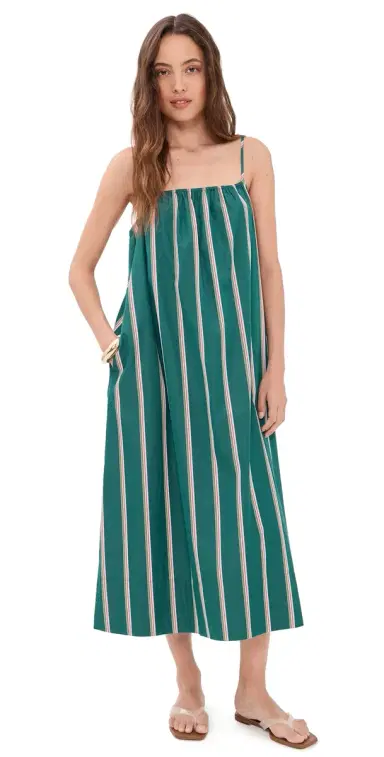 Madewell x Shopbop Gathered A-Line Midi Dress Retro Stripe Deep Lagoon S | Thumbnail 1 Madewell x Shopbop Gathered A-Line Midi Dress Retro Stripe Deep Lagoon S | Thumbnail 1