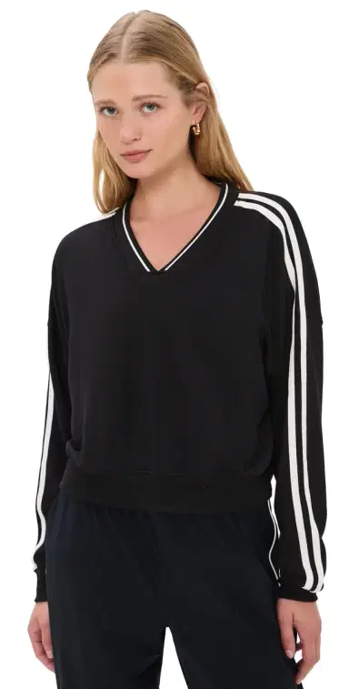Splits59 Ellie Fleece V Neck Sweatshirt Black/White | Thumbnail 1 Splits59 Ellie Fleece V Neck Sweatshirt Black/White | Thumbnail 1
