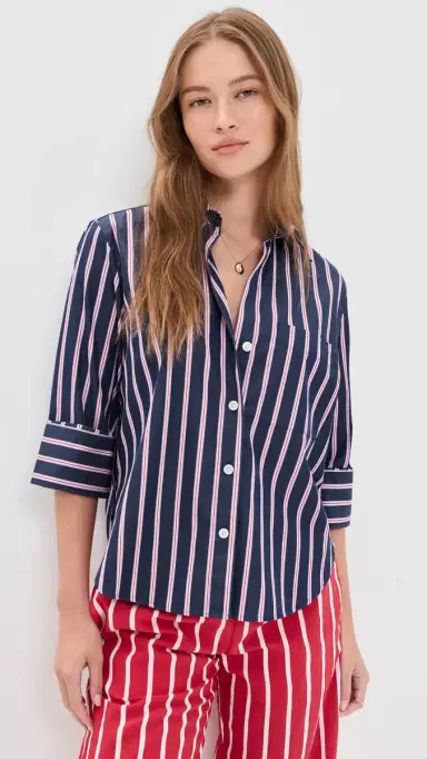 Madewell The ignature Y-Neck Shirt in Poplin Multi tripe/Classic Indigo | Thumbnail 2 Madewell The ignature Y-Neck Shirt in Poplin Multi tripe/Classic Indigo | Thumbnail 2
