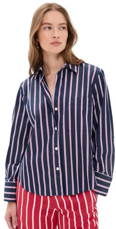Madewell The ignature Y-Neck Shirt in Poplin Multi tripe/Classic Indigo | Thumbnail 1 Madewell The ignature Y-Neck Shirt in Poplin Multi tripe/Classic Indigo | Thumbnail 1
