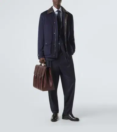 Brunello Cucinelli Leather-trimmed wool jacket | Thumbnail 2 Brunello Cucinelli Leather-trimmed wool jacket | Thumbnail 2
