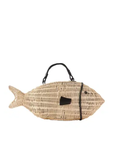 Staud Cleo Fish Mini Leather-trimmed Raffia Tote | Thumbnail 1 Staud Cleo Fish Mini Leather-trimmed Raffia Tote | Thumbnail 1