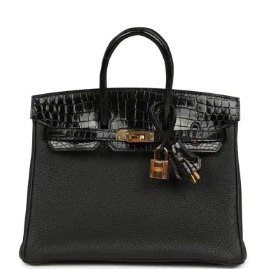 HERMÈS Pre-owned Hermes Birkin 25 Touch Black Togo and Shiny Niloticus Crocodile Touch Rose Gold Hardware | Thumbnail 1 HERMÈS Pre-owned Hermes Birkin 25 Touch Black Togo and Shiny Niloticus Crocodile Touch Rose Gold Hardware | Thumbnail 1