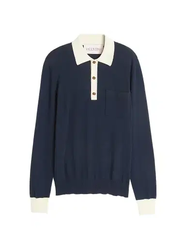 Valentino Garavani Men's Long-Sleeved Cotton Polo Shirt - Indigo Butter | Thumbnail 1 Valentino Garavani Men's Long-Sleeved Cotton Polo Shirt - Indigo Butter | Thumbnail 1